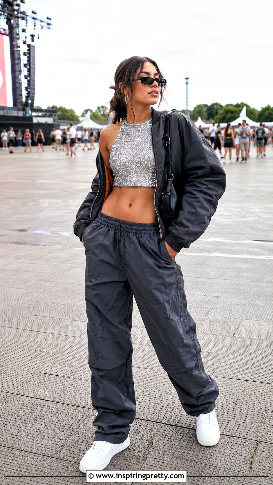 Sparkly Silver Crop Top With Parachute Pants And Sneakers - 20 sparkly silver crop top outfit ideas