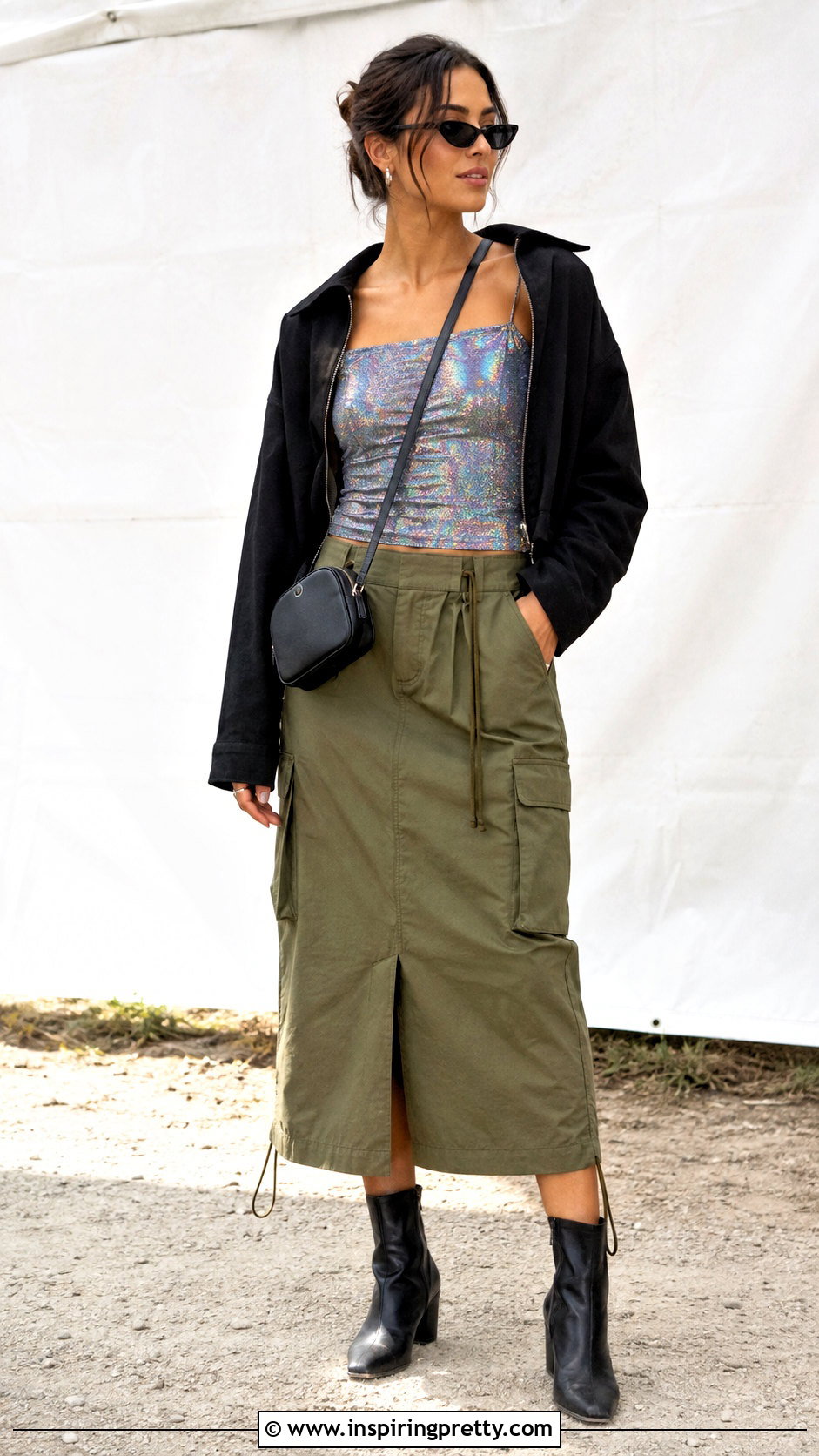 Sparkly Spaghetti Strap Top With Cargo Skirt And Boots - 25 Sparkly Spaghetti Strap Top outfit ideas