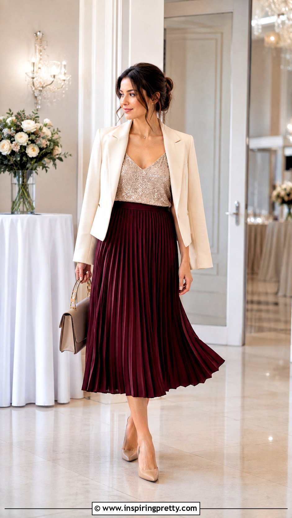Sparkly Spaghetti Strap Top With Pleated Midi Skirt - 25 Sparkly Spaghetti Strap Top outfit ideas