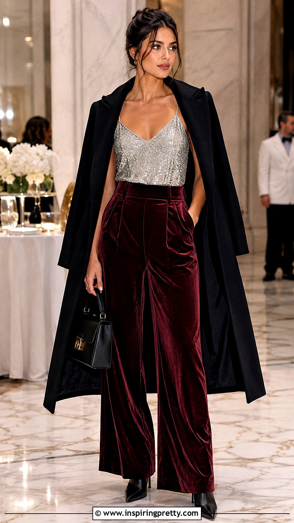 Sparkly Spaghetti Strap Top With Velvet Pants And Coat - 25 Sparkly Spaghetti Strap Top outfit ideas