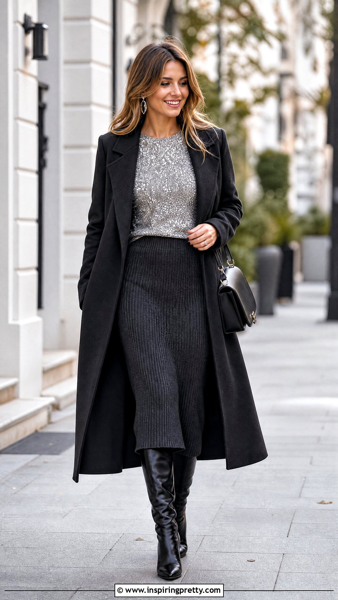 Sparkly Top With Knit Midi Skirt And Boots - what to wear with sparkly top (25 ways)