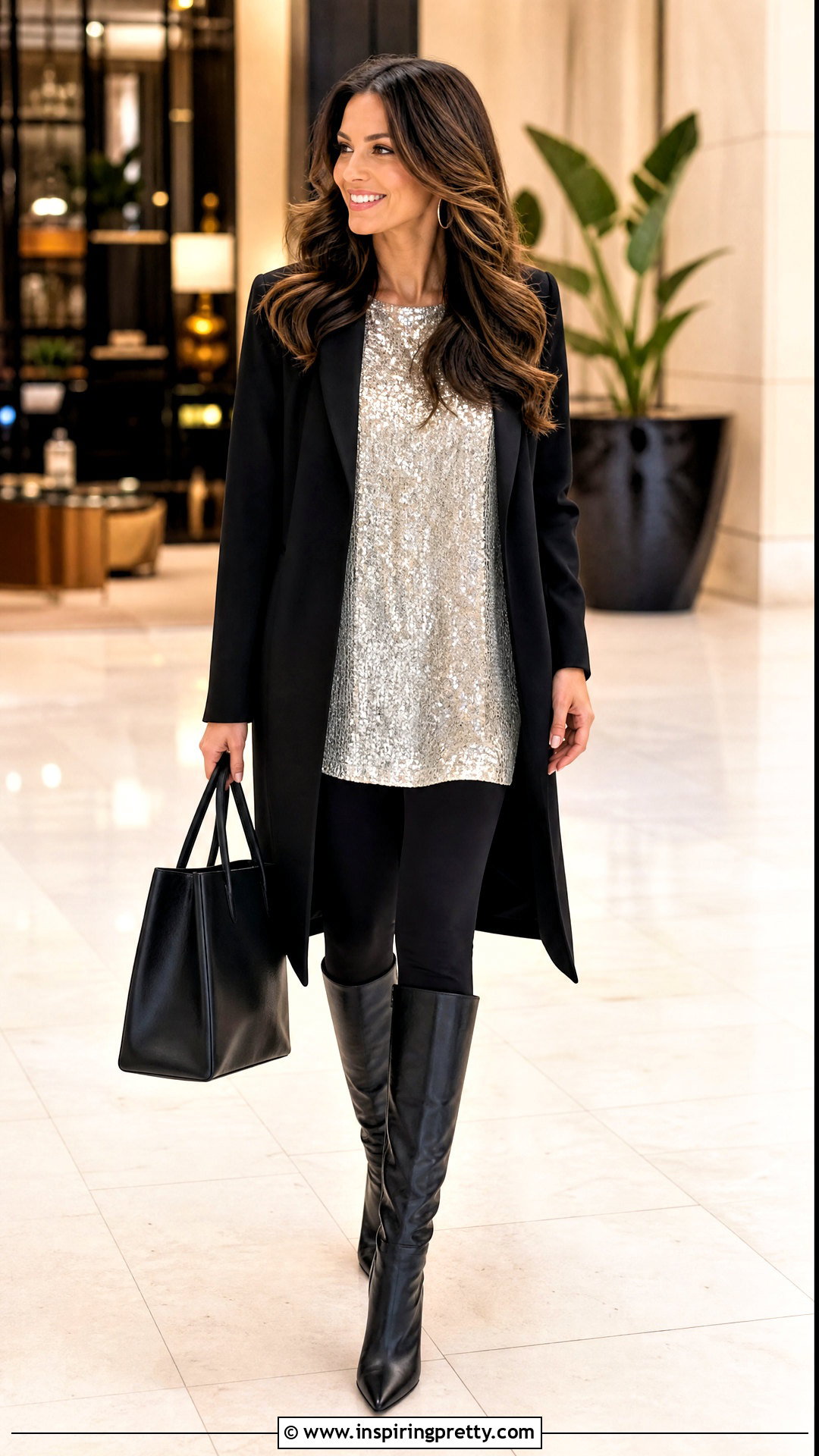 Sparkly Top With Leggings And Long Blazer - what to wear with sparkly top (25 ways)