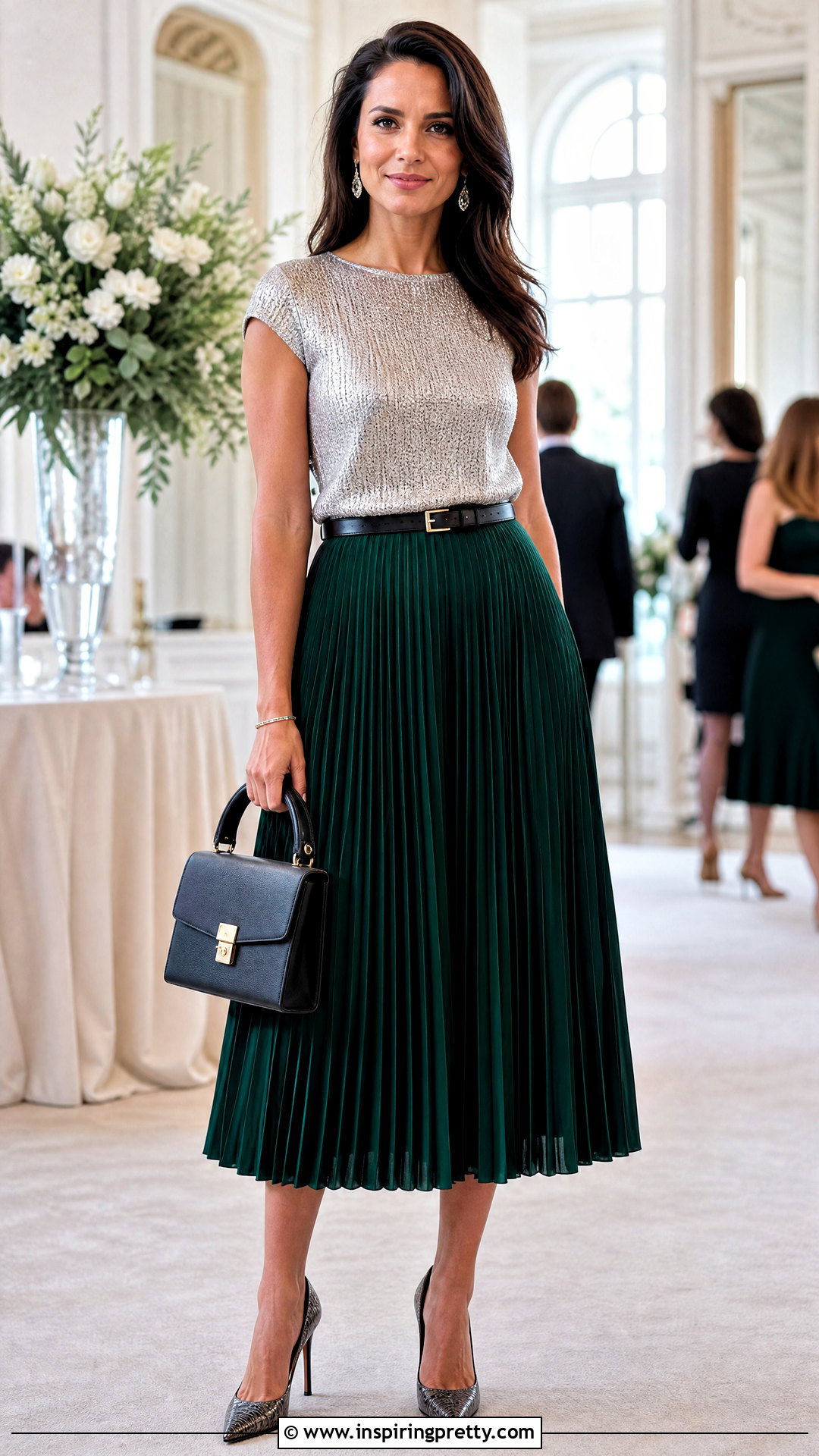Sparkly Top With Pleated Midi Skirt - 50 sparkly top outfit ideas