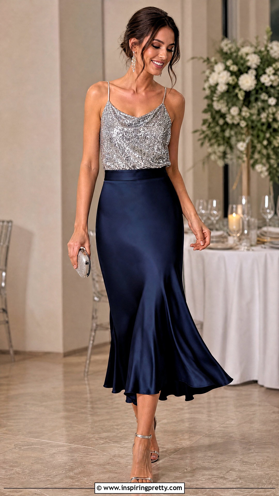 Sparkly Top With Satin Midi Skirt - what to wear with sparkly top (25 ways)