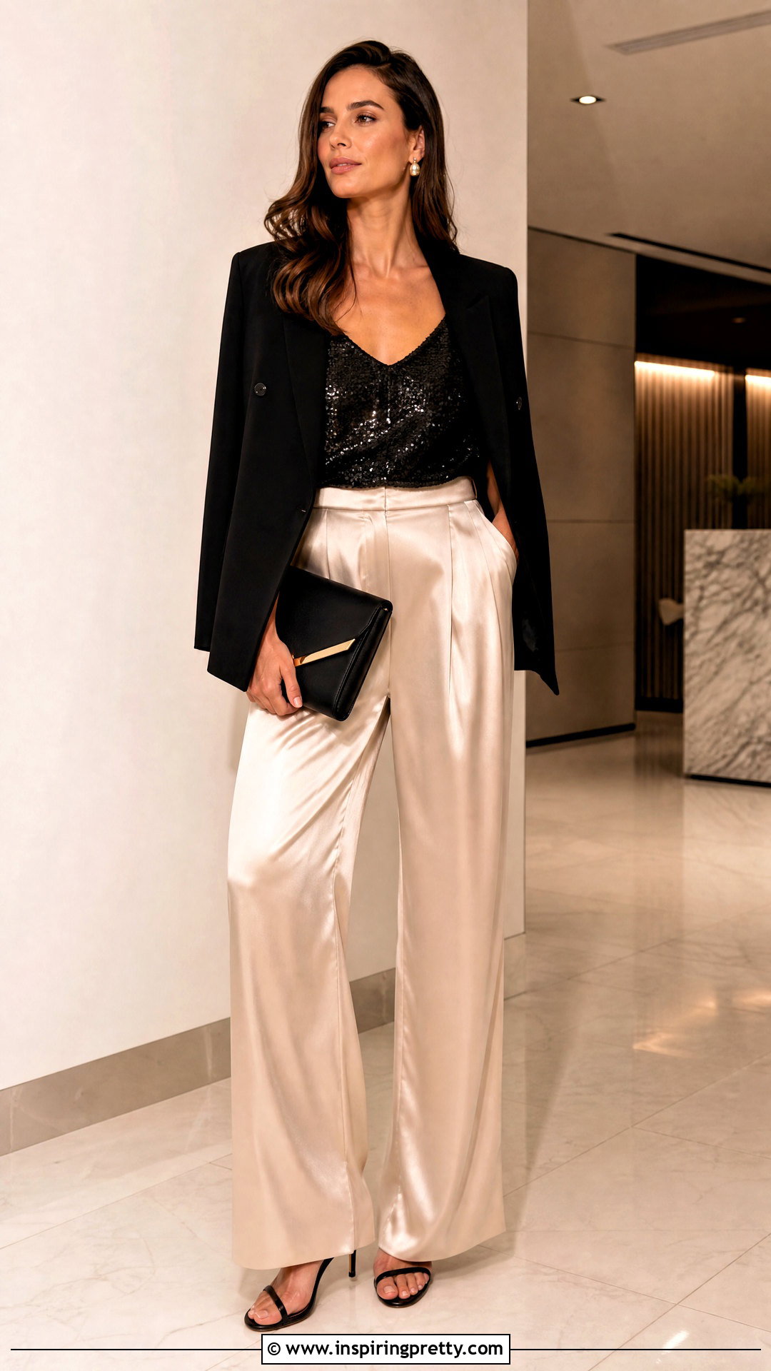 Sparkly Top With Satin Pants - 50 sparkly top outfit ideas