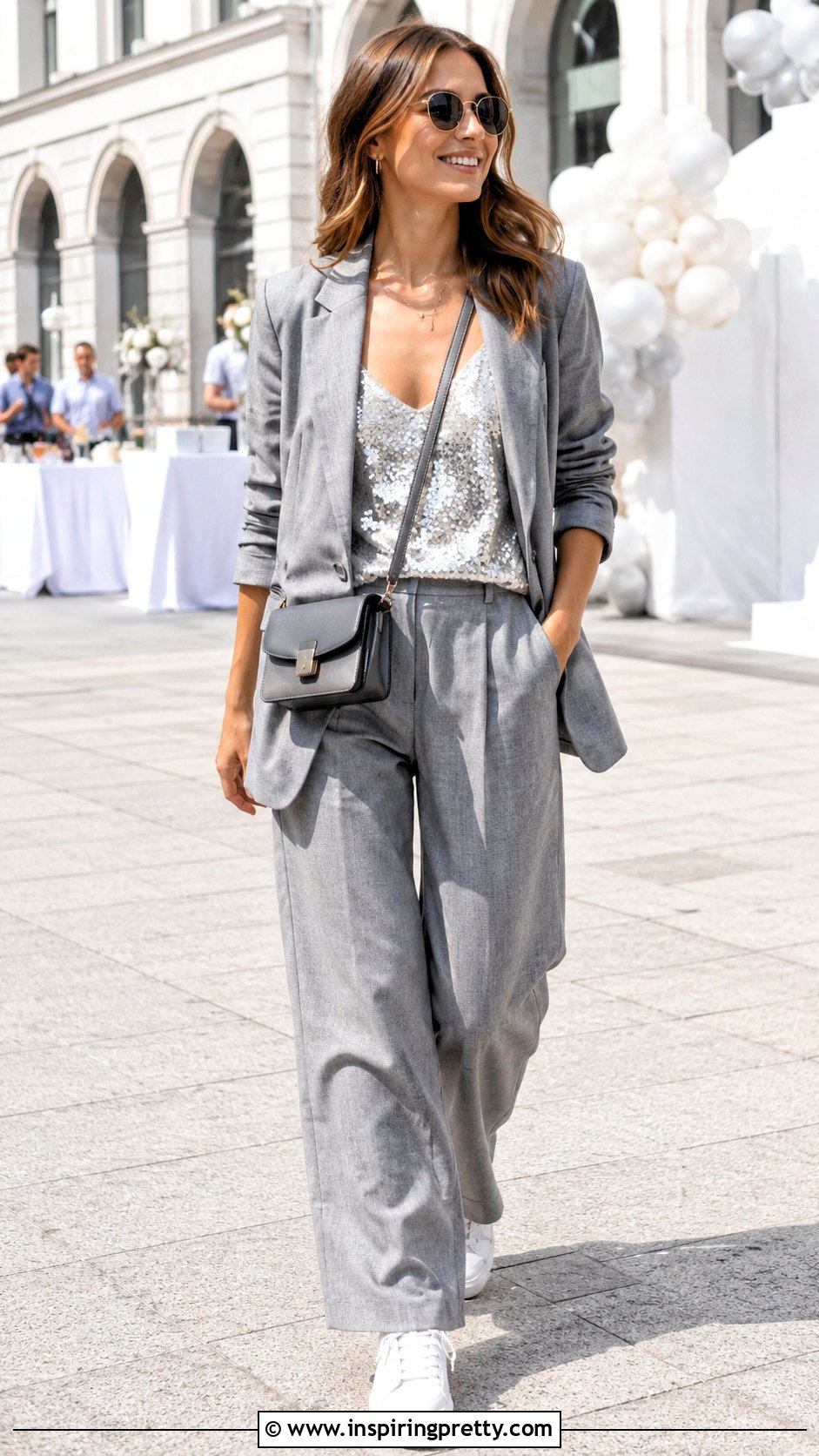 Sparkly Top With Suit And Sneakers - 50 sparkly tops outfit ideas