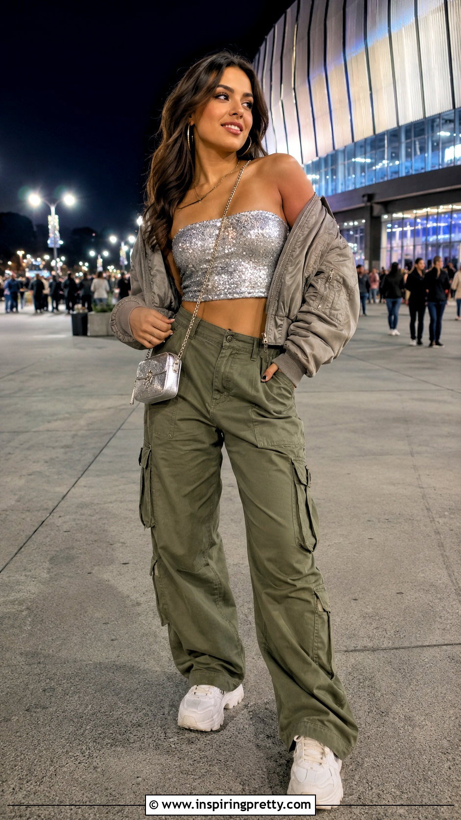 Sparkly Tube Top With Cargo Pants - 50 sparkly tops outfit ideas