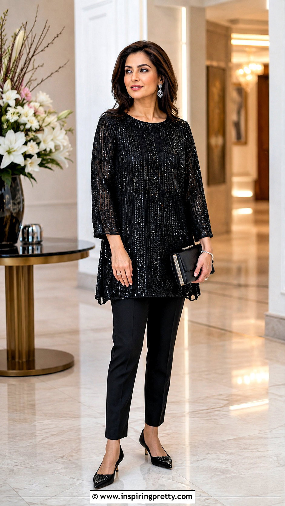 Sparkly Tunic Top With Slim Black Pants - 50 sparkly tops outfit ideas