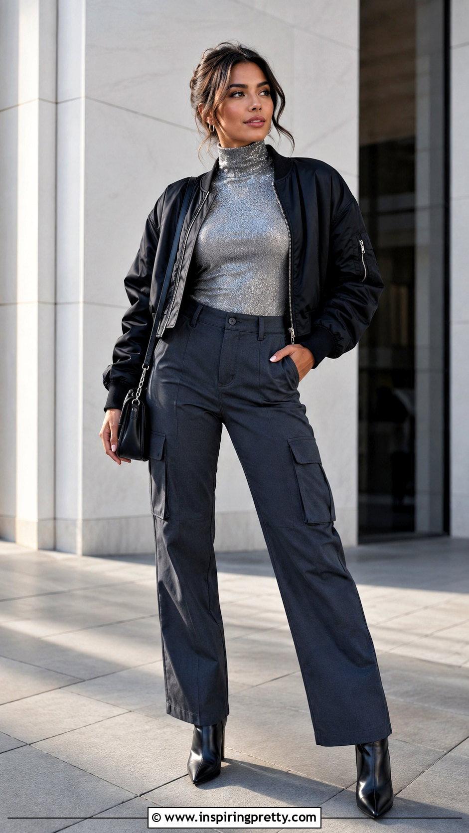 Sparkly Turtleneck Top With Cargo Pants - 20 Sparkly Turtleneck Top outfit ideas