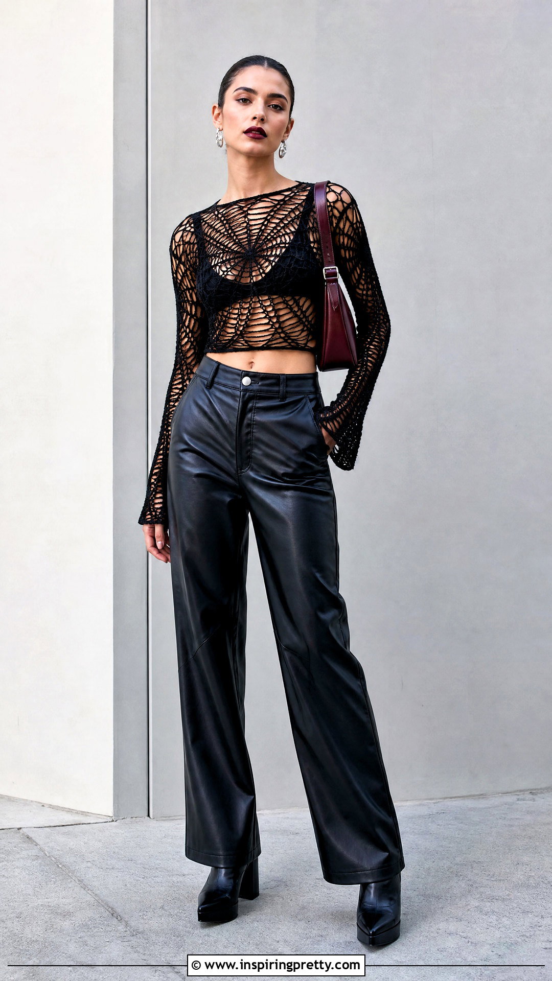 Spiderweb Crochet Top With Leather Pants - 50 goth crochet top outfit ideas