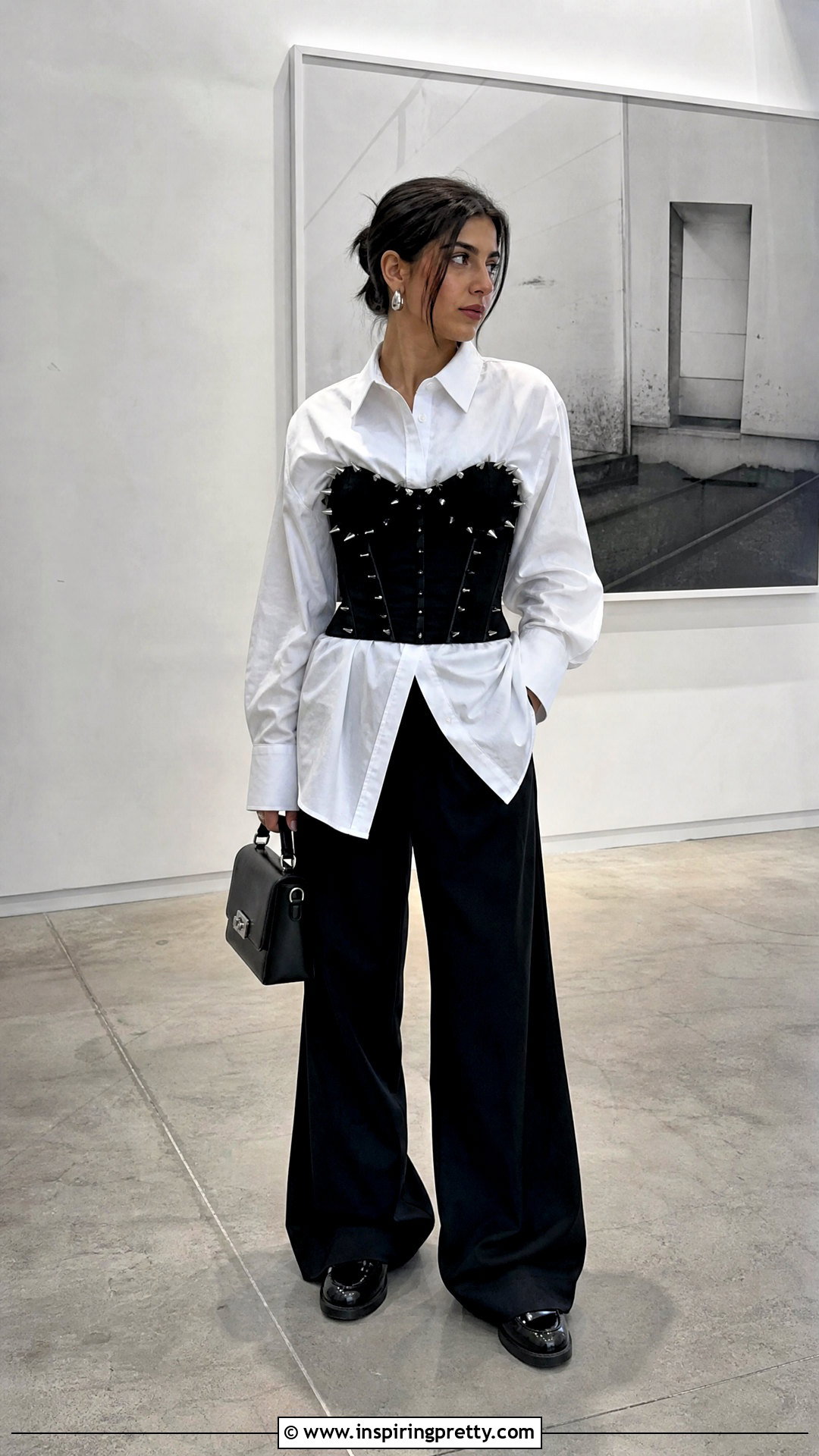 Spiked Corset Top Over A White Button Down Shirt - 25 spiked corset top outfit ideas