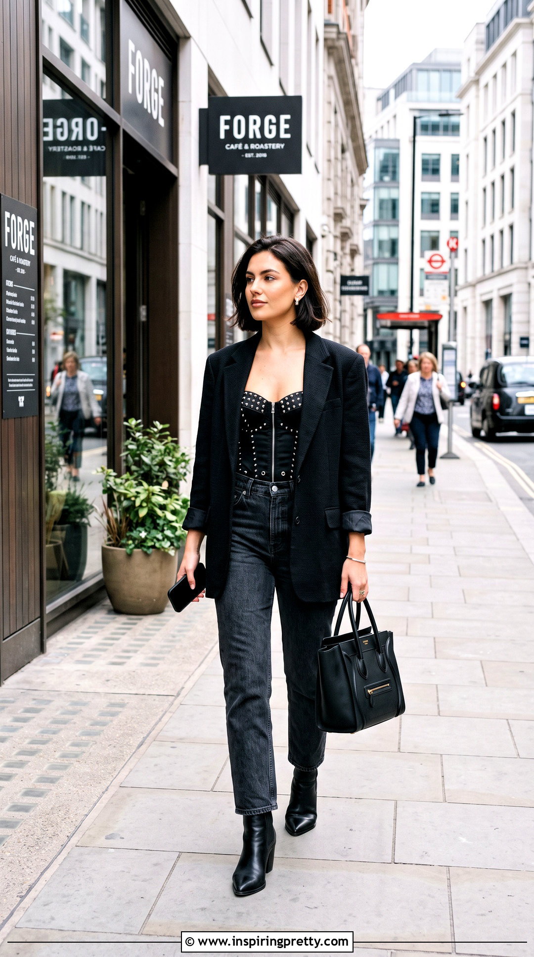 Spiked Corset Top With Blazer And Straight Jeans - 25 spiked corset top outfit ideas