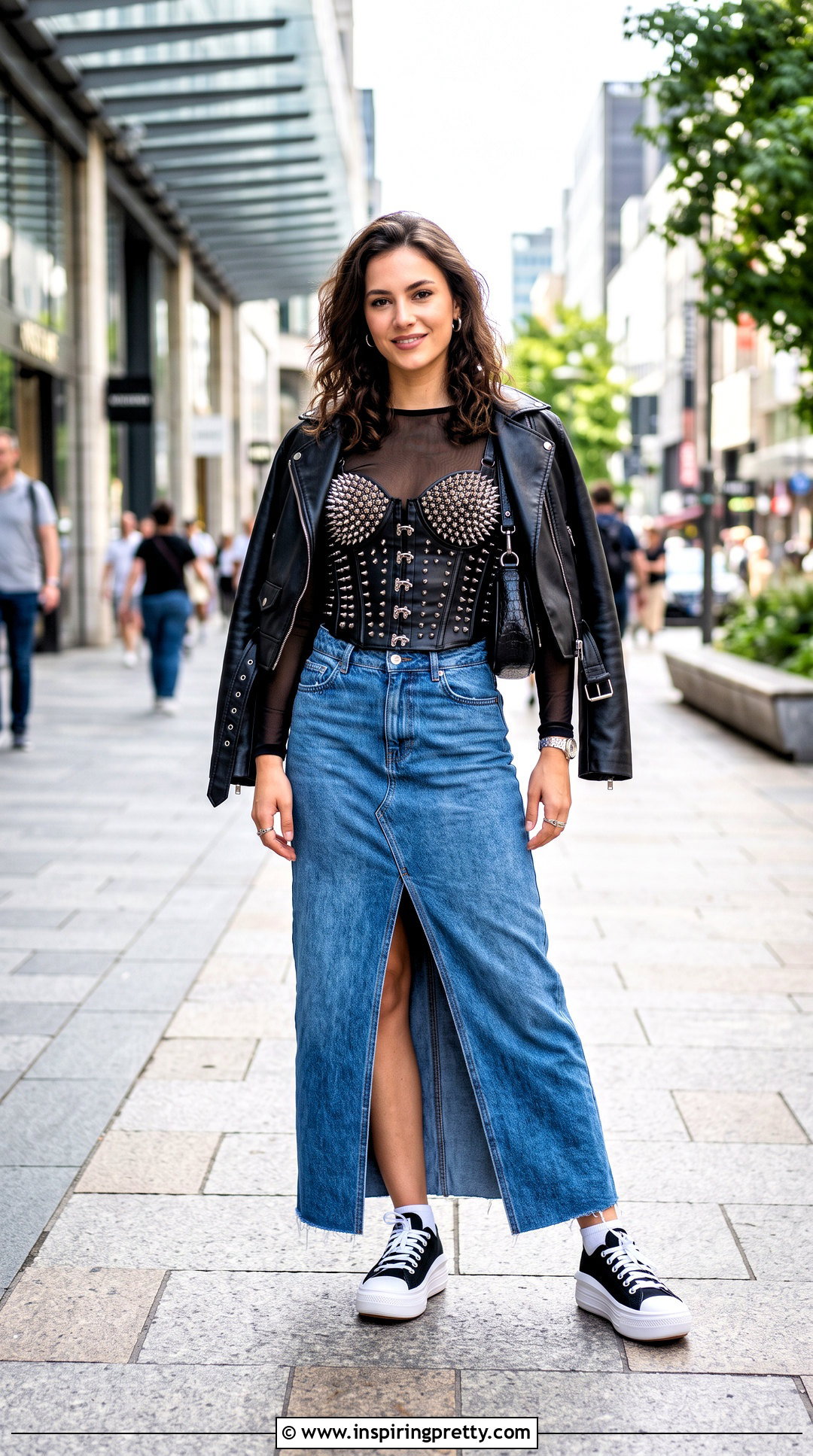 Spiked Corset Top With Denim Maxi Skirt - 25 spiked corset top outfit ideas