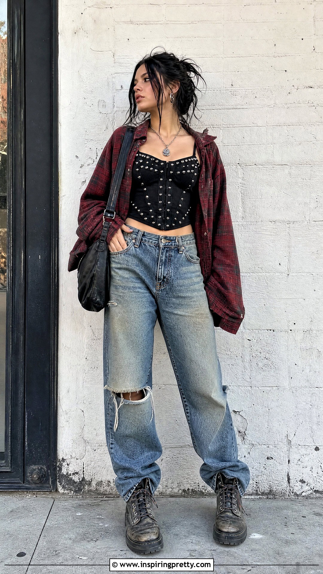 Spiked Corset Top With Distressed Jeans And Flannel - 25 spiked corset top outfit ideas
