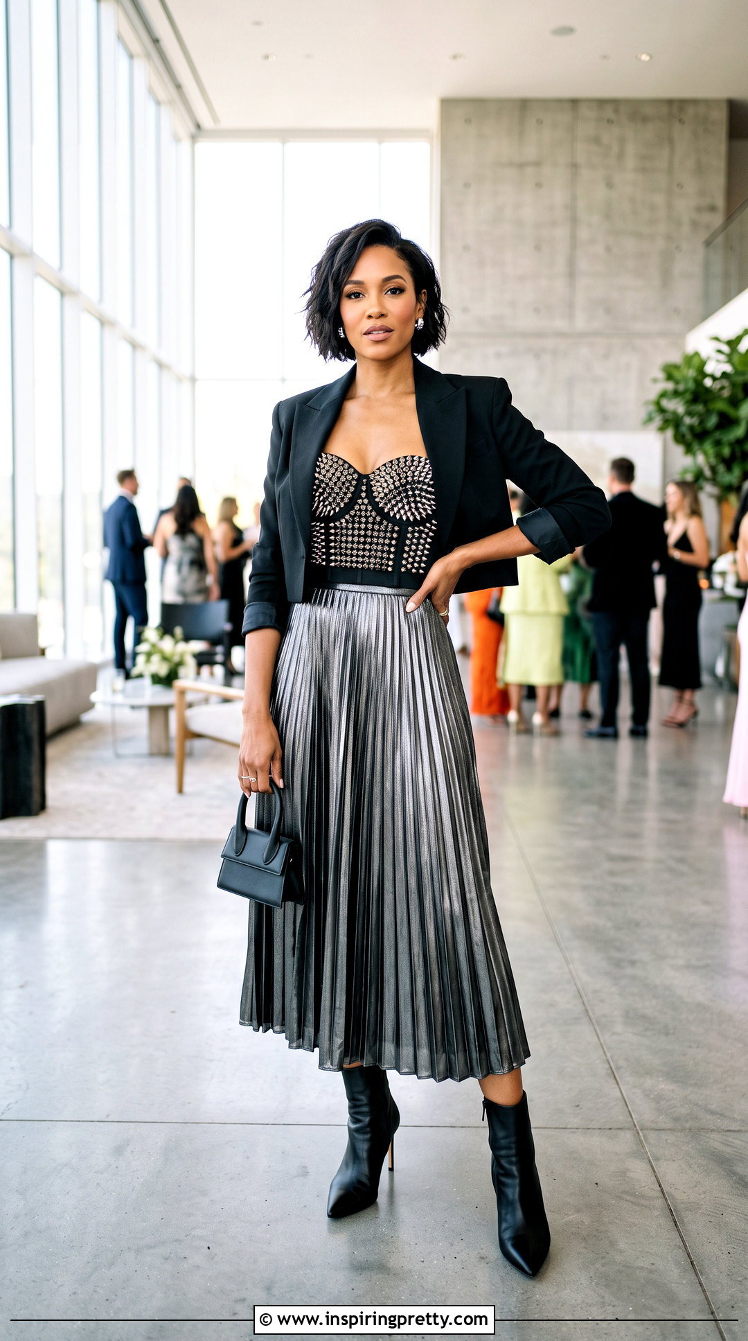 Spiked Corset Top With Metallic Midi Skirt - 25 spiked corset top outfit ideas