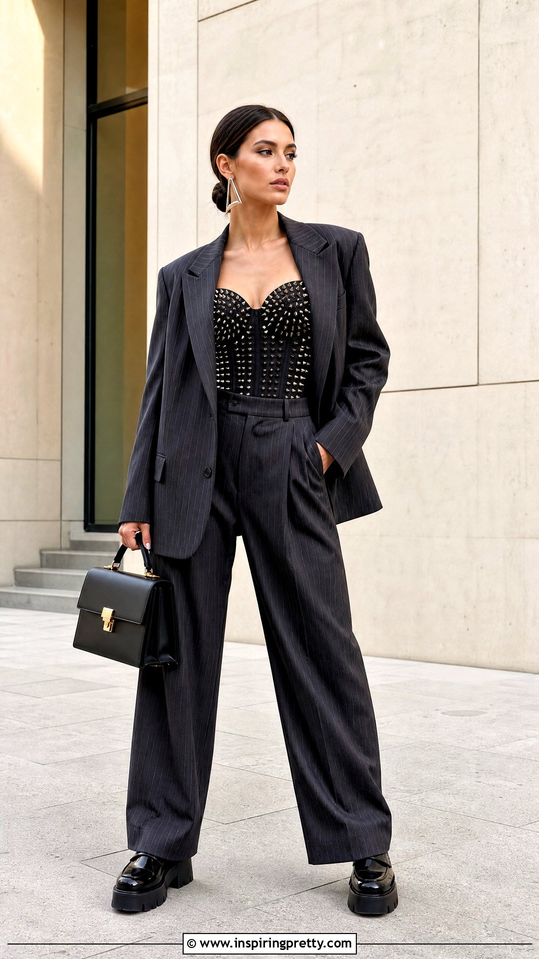Spiked Corset Top With Oversized Suit - 25 spiked corset top outfit ideas