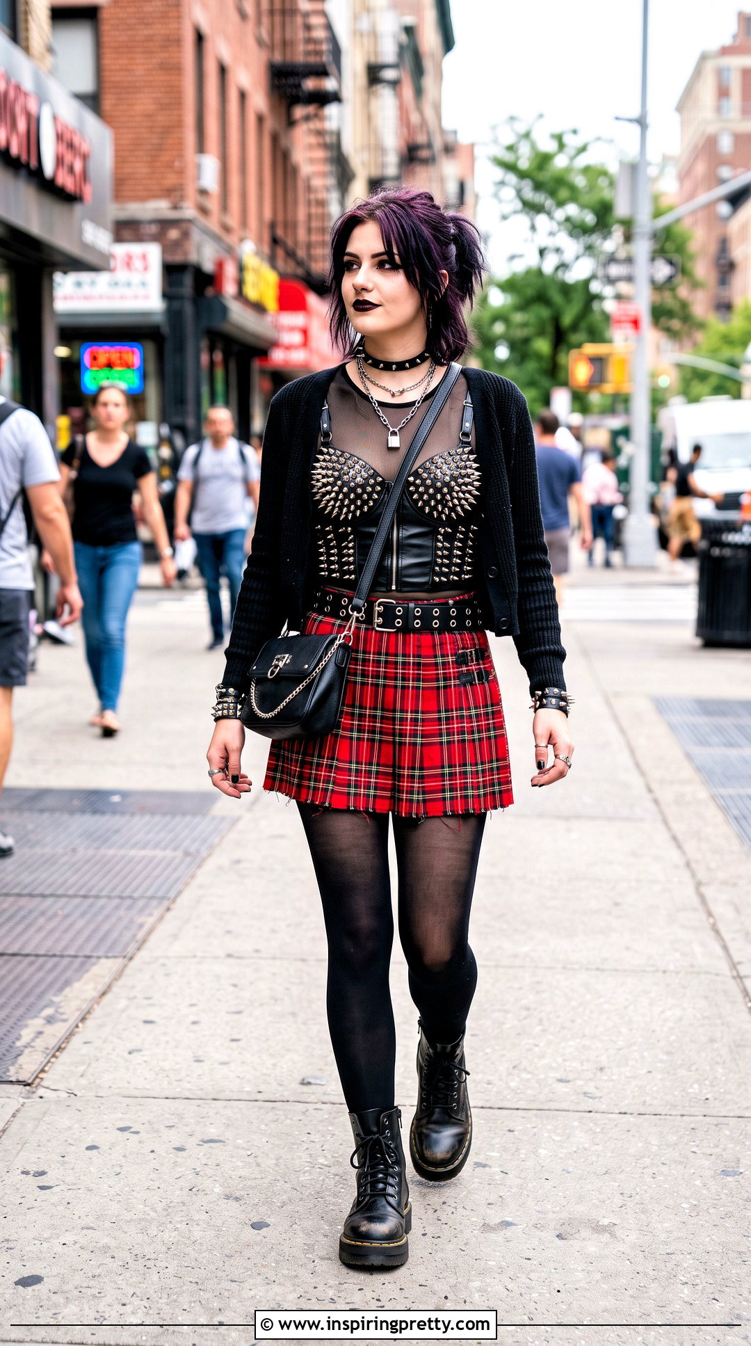 Spiked Corset Top With Plaid Skirt - 25 spiked corset top outfit ideas