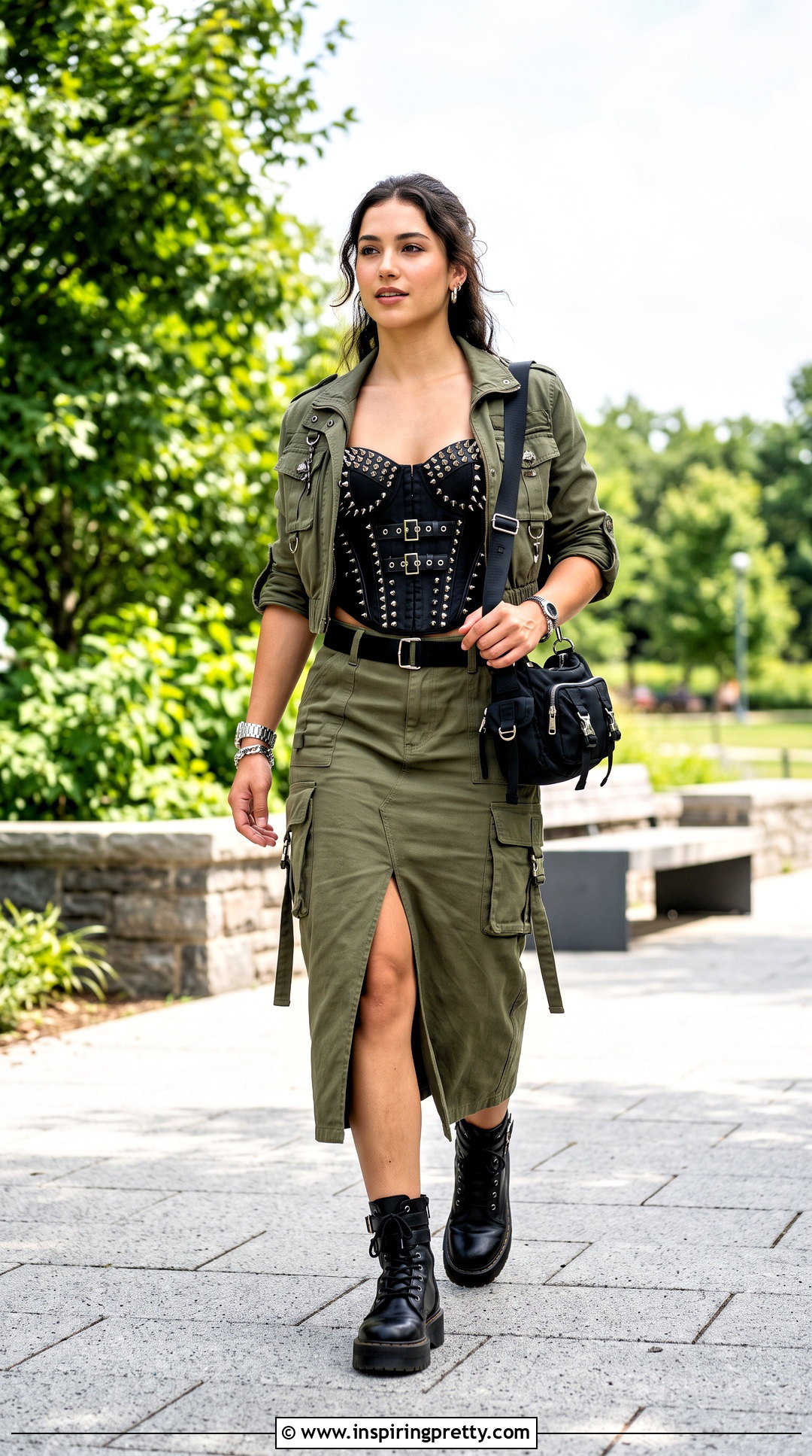 Spiked Corset Top With Utility Midi Skirt - 25 spiked corset top outfit ideas