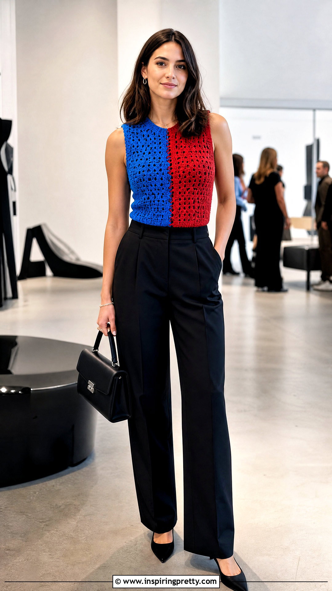Split Color Crochet Top With Black Monochrome Pieces - 25 Split Color Crochet Top outfit ideas
