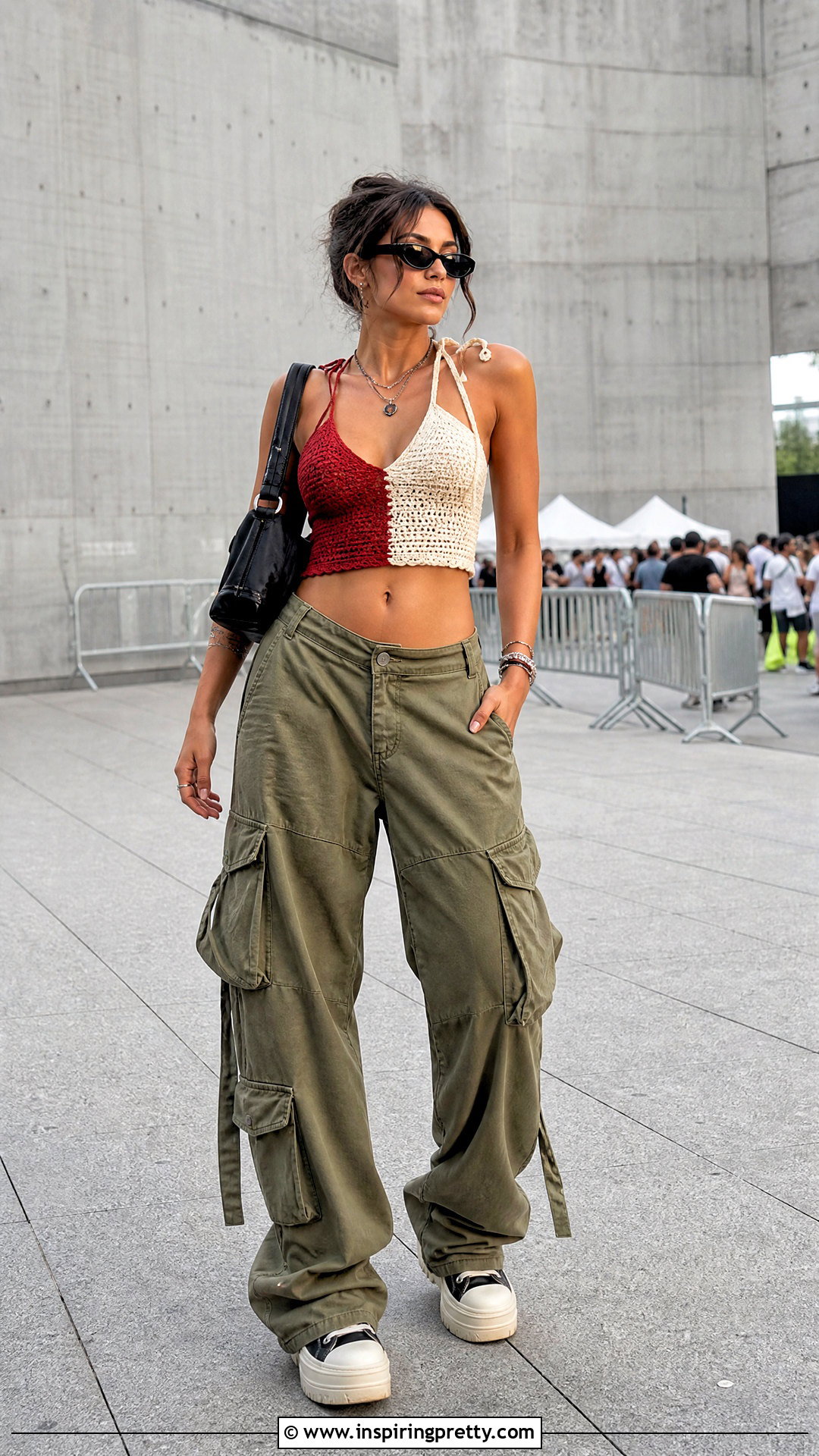Split Color Crochet Top With Cargo Pants - 25 Split Color Crochet Top outfit ideas