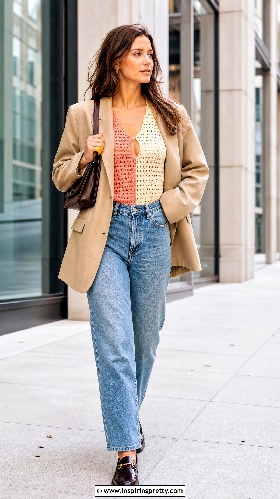 Split Color Crochet Top With Oversized Blazer - 25 Split Color Crochet Top outfit ideas