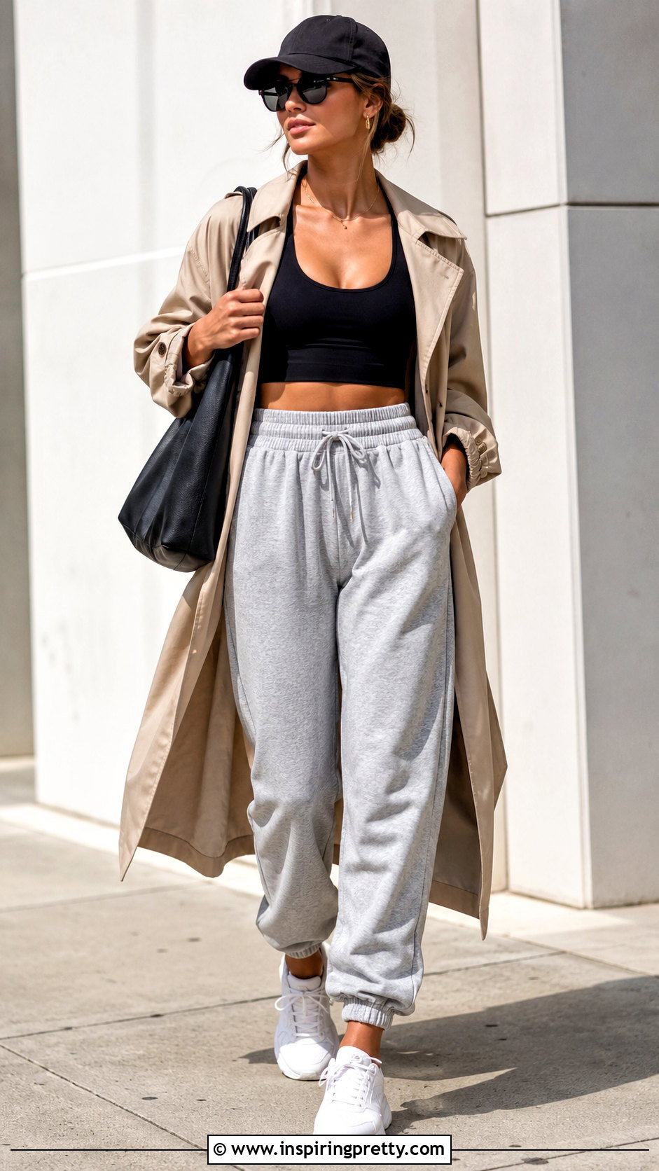 Sports Bralette With Joggers And Trench Coat - 20 cute bralette tops outfit ideas