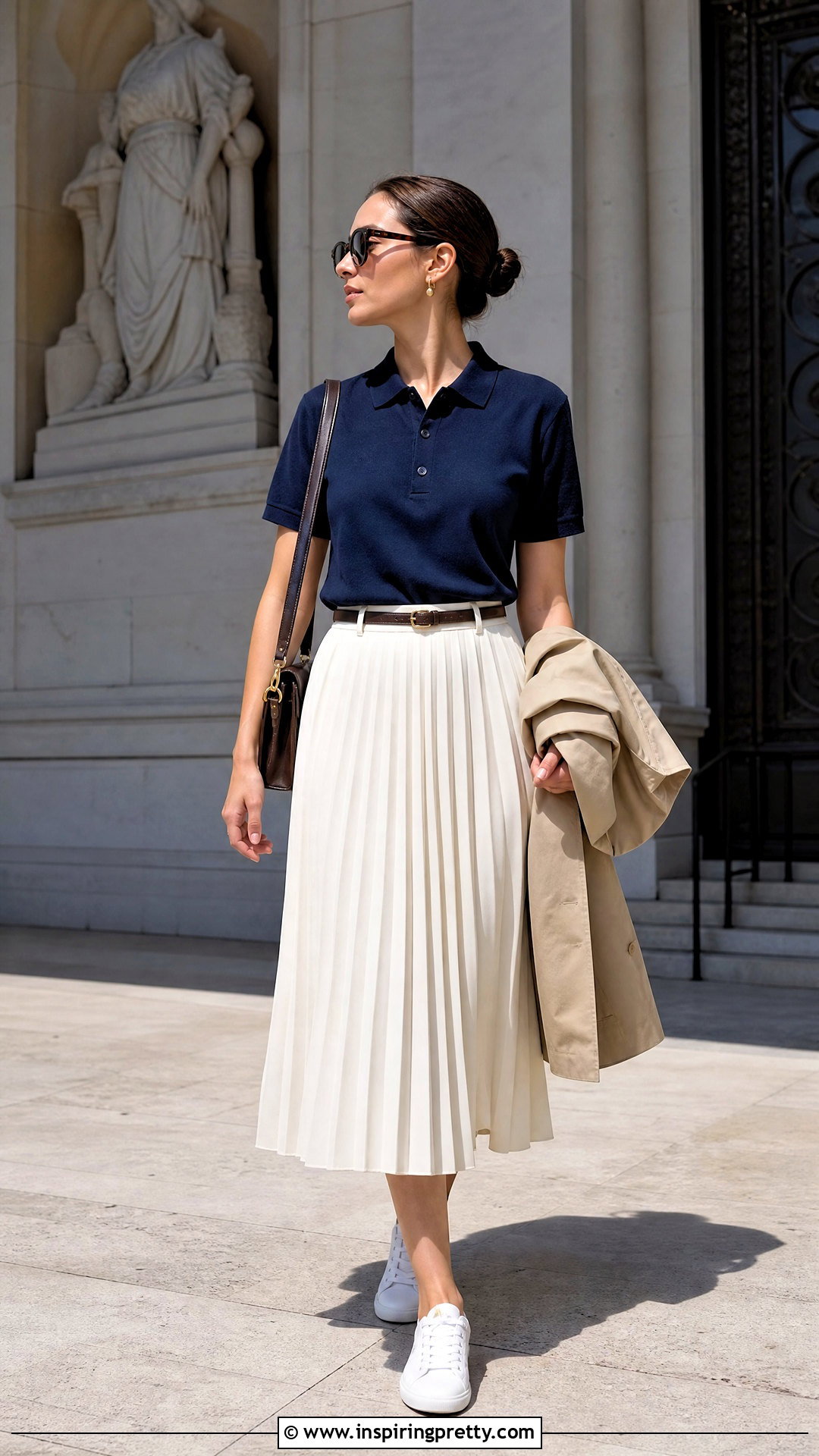 Sporty and Rich Polo Shirt With Pleated Midi Skirt - 20 sporty and rich tops outfit ideas