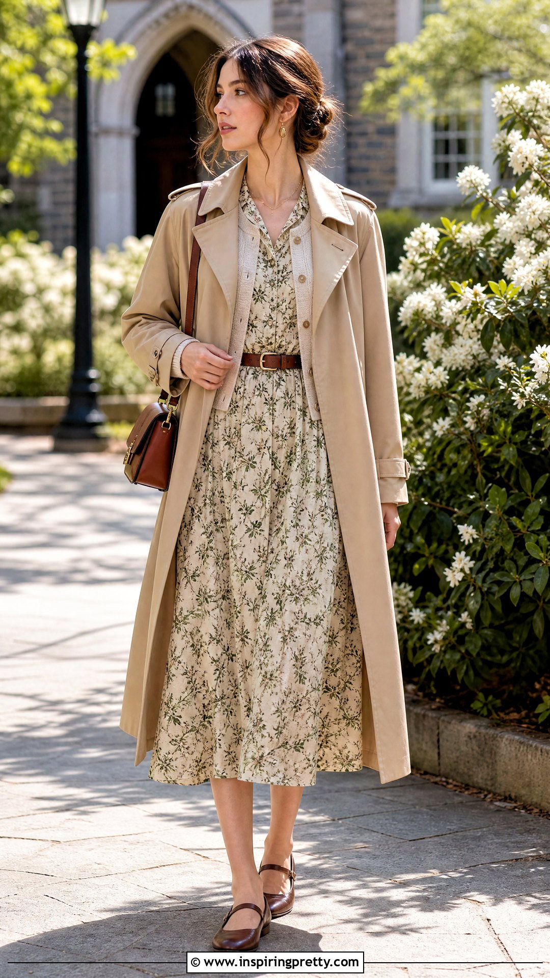 Spring Academia Trench Coat and Floral Midi Dress Outfit - 50 top academia ideas