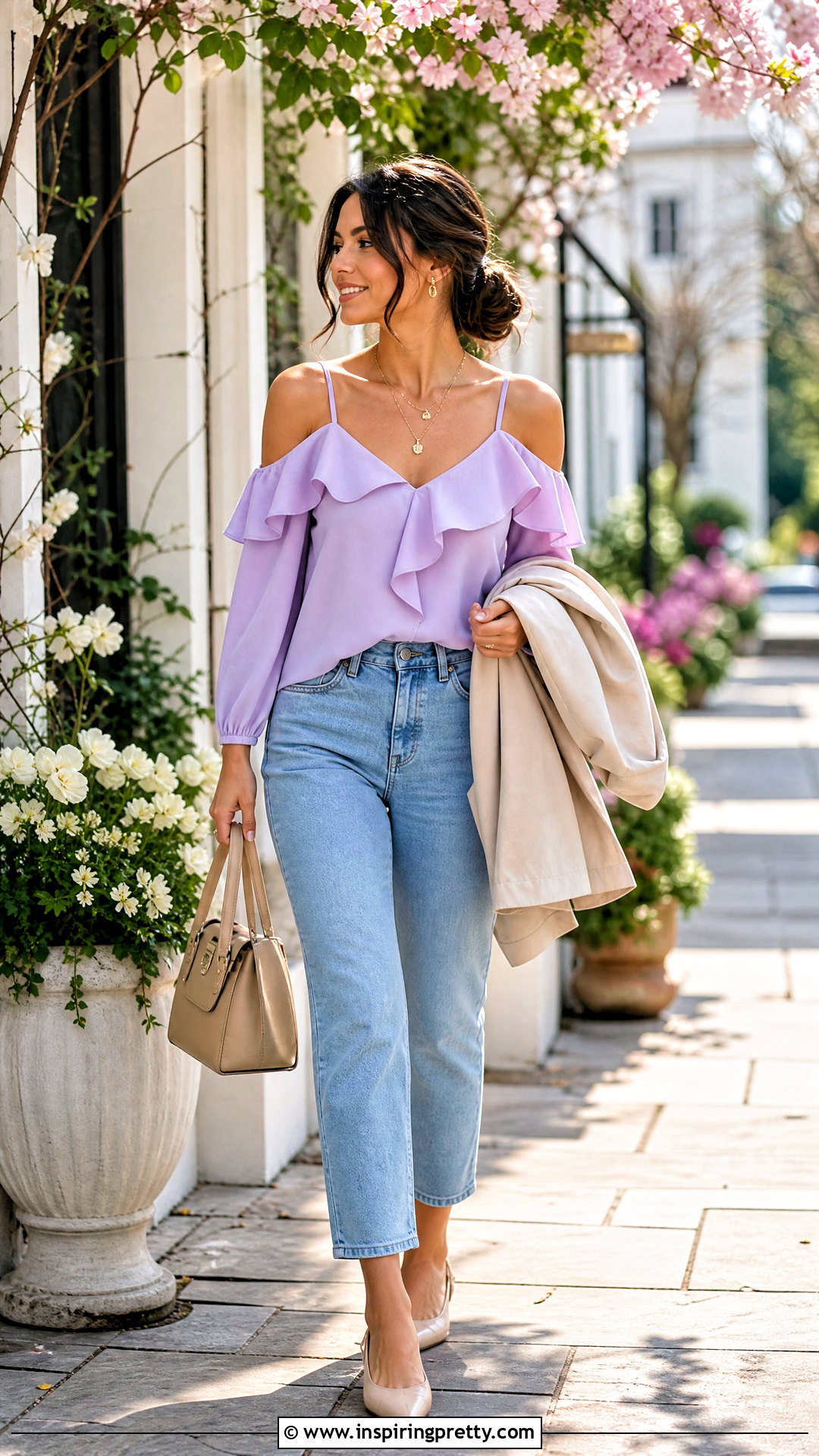 Spring Cold Shoulder Top With Cropped Jeans - 50 cold shoulder top outfit ideas