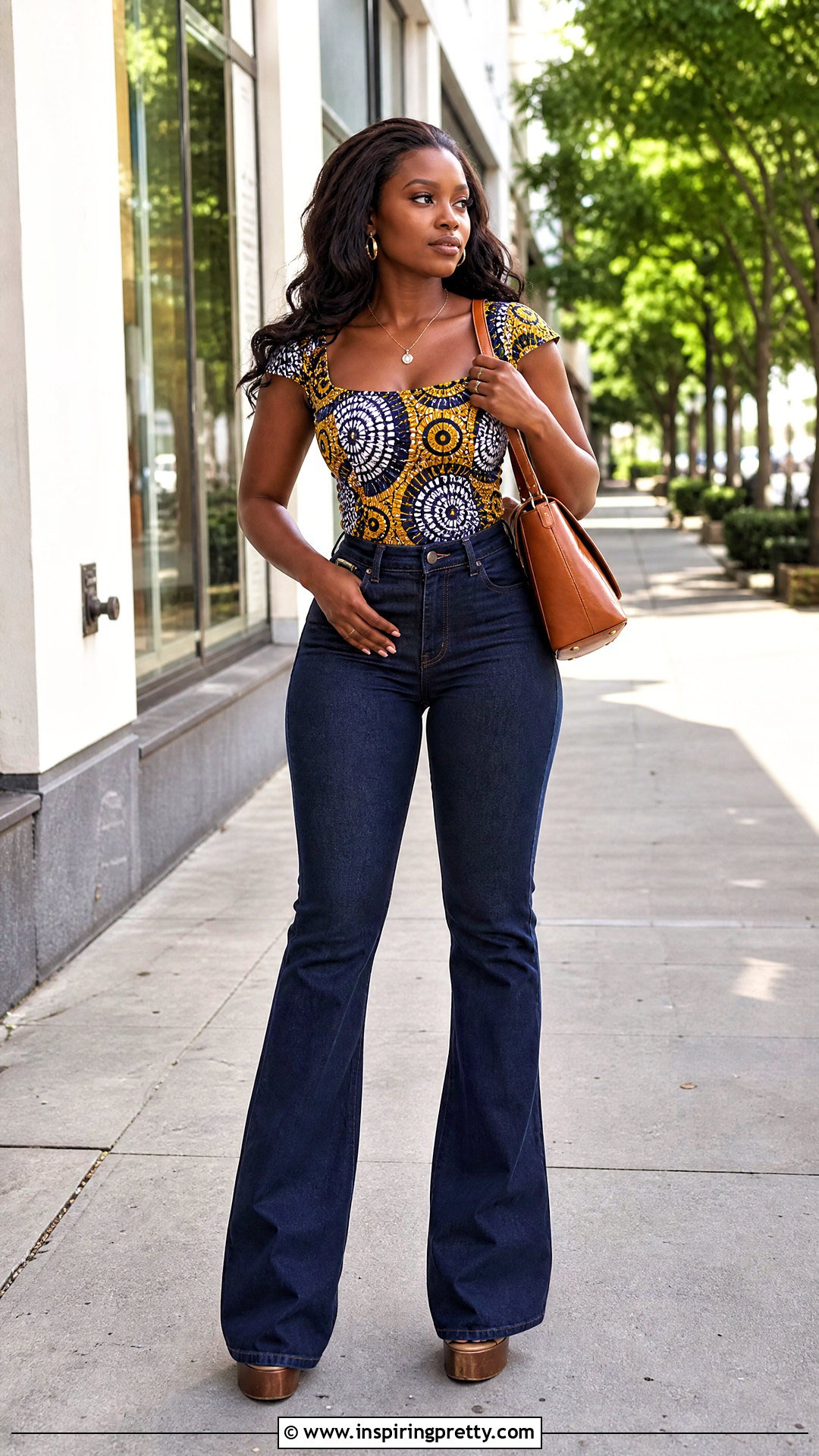 Square Neck Ankara Top With Flare Jeans - 50 cute ankara tops outfit ideas