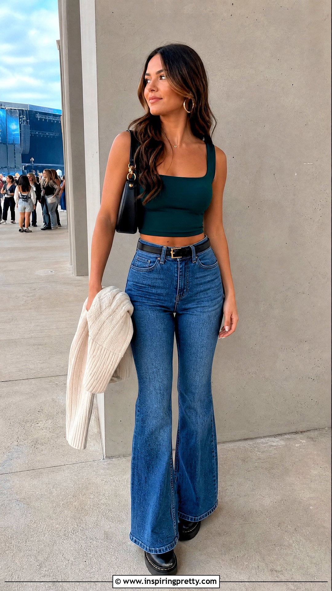 Square Neck Crop Top With Flare Jeans - 50 crop top outfits with jeans
