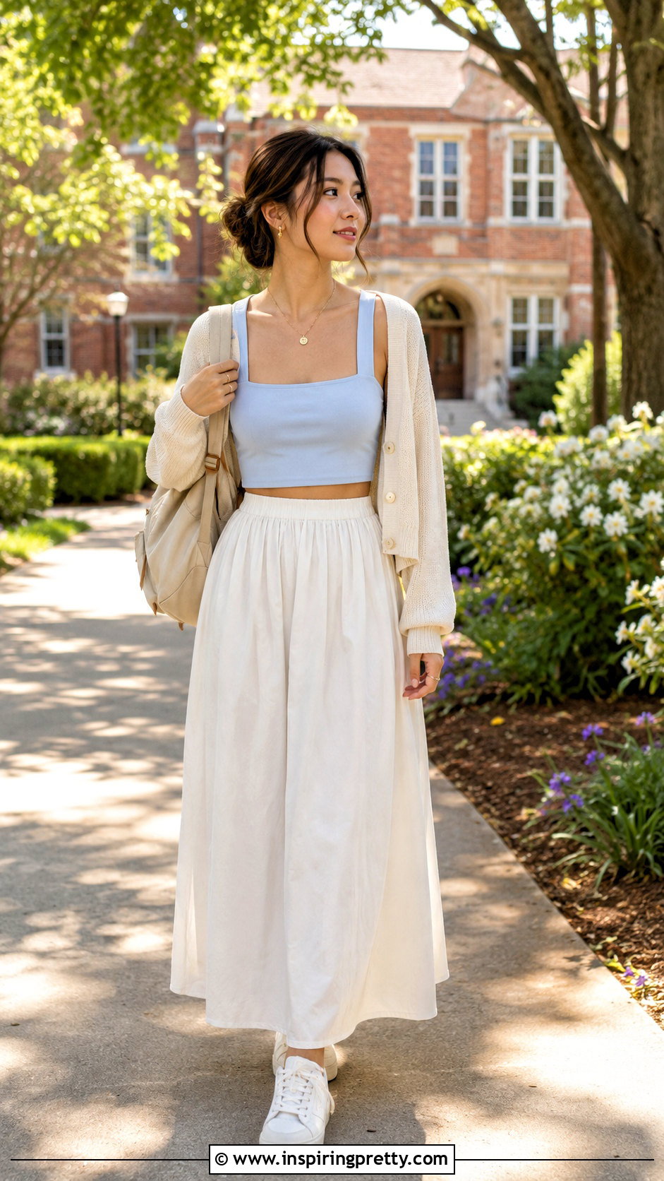 Square Neck Crop Top With Maxi Skirt and Sneakers - 20 cute crop tops for school outfit ideas