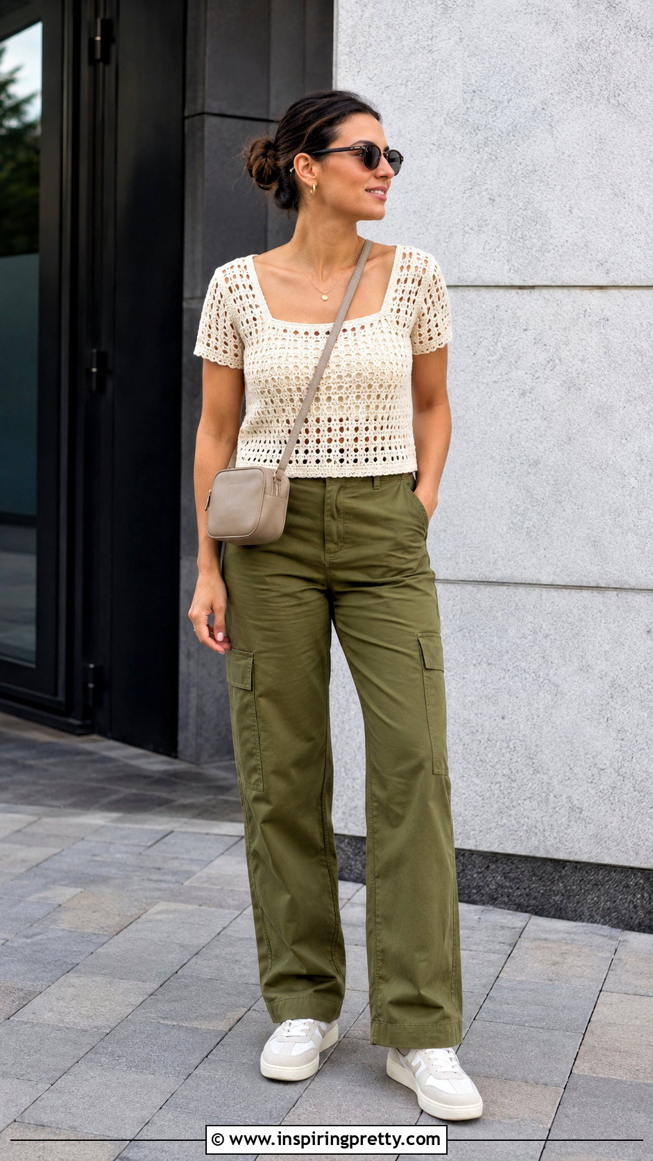 Square Neck Filet Crochet Top With Cargo Pants - 50 filet crochet top outfit ideas