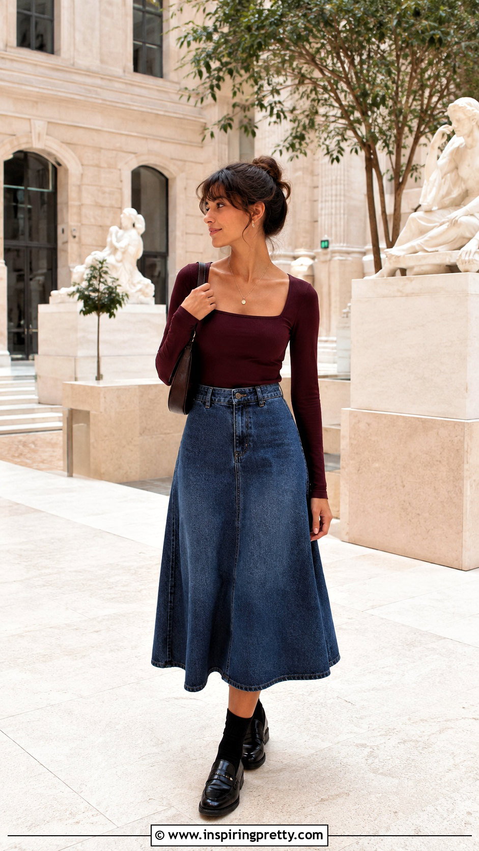 Square Neck Full Sleeve Top With Denim Skirt - 50 full sleeves top outfit ideas