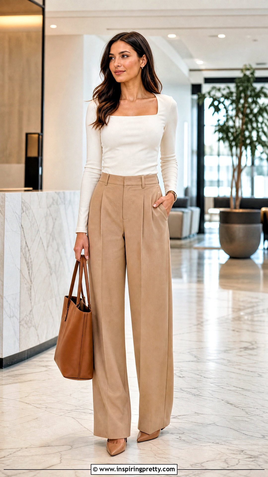 Square Neck Long Sleeve Top With Tailored Trousers - 25 Long Sleeve Dress Tops outfit ideas