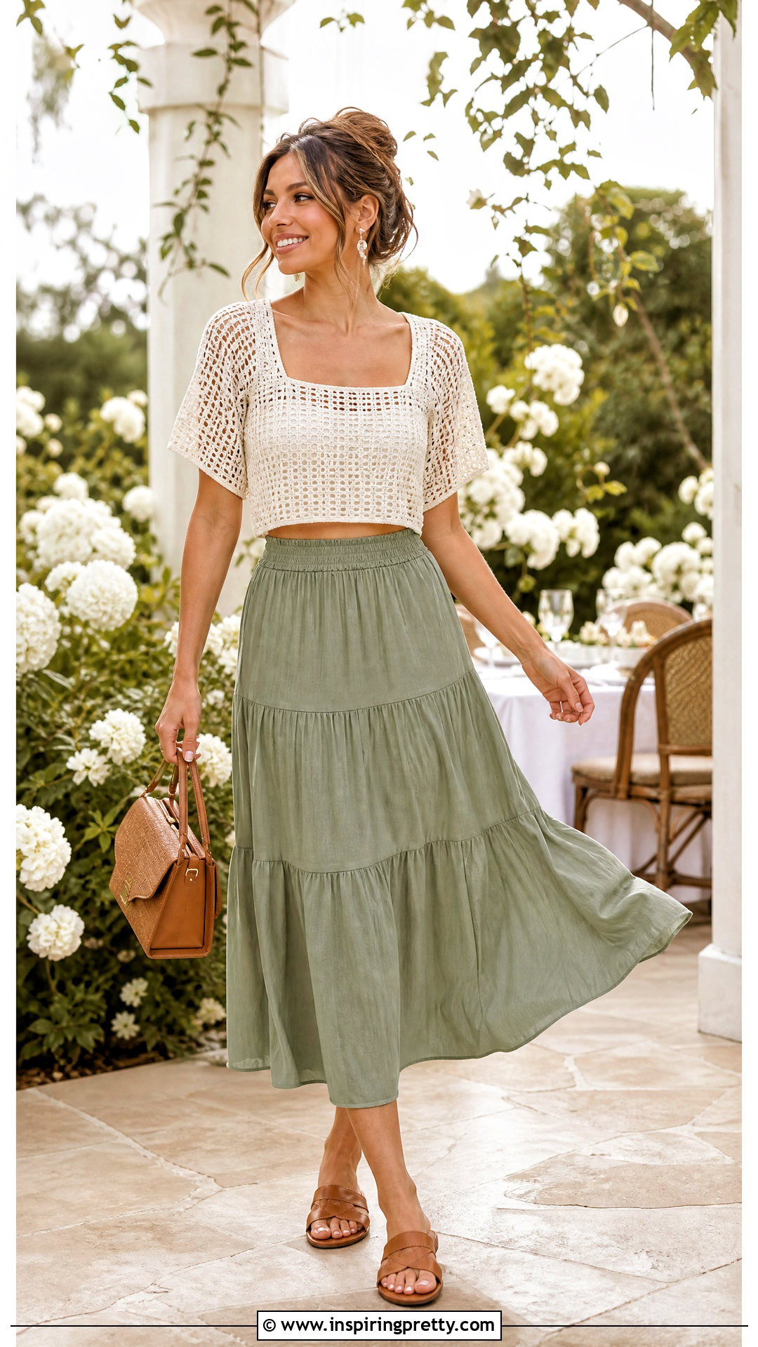 Square Neck Mesh Crochet Top With Tiered Skirt - 50 mesh crochet top outfit ideas