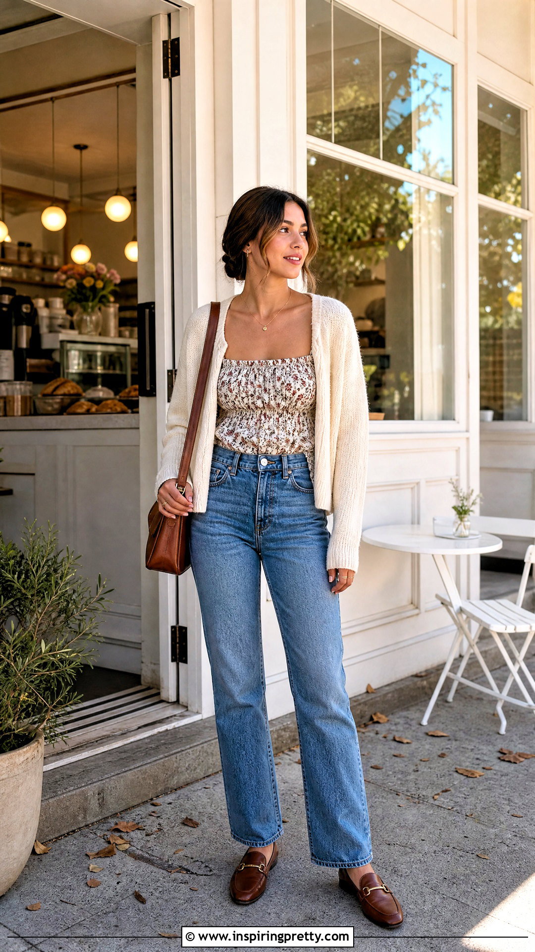 Square Neck Peasant Top With Cropped Cardigan And Jeans - 25 square neck peasant top outfit ideas
