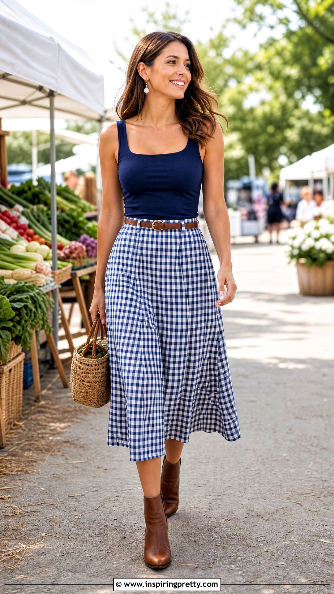 Square Neck Tank Top With Gingham Midi Skirt And Boots - 25 country girl tank tops outfit ideas