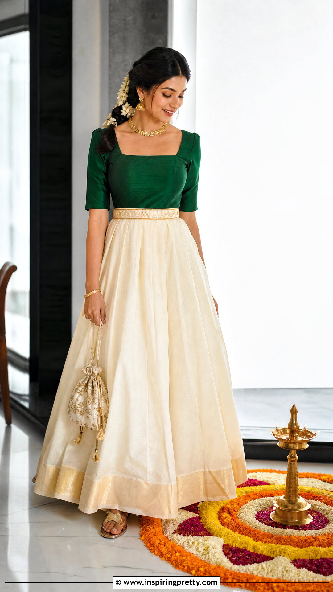 Square Neck Top And Flared Onam Skirt - 50 latest onam skirt and top designs