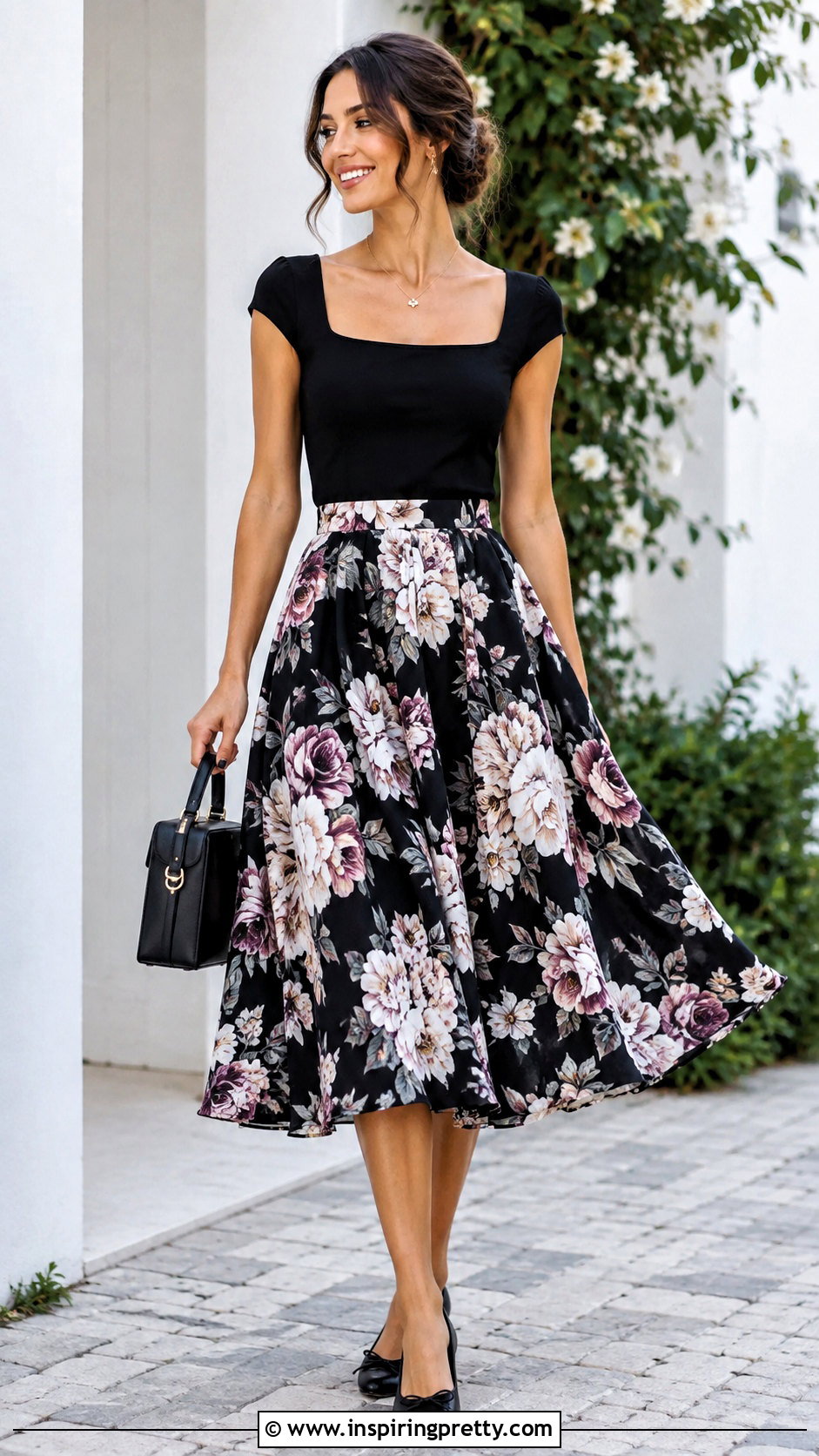 Square Neck Top With A Line Midi Skirt - 50 Women Tops Outfit ideas