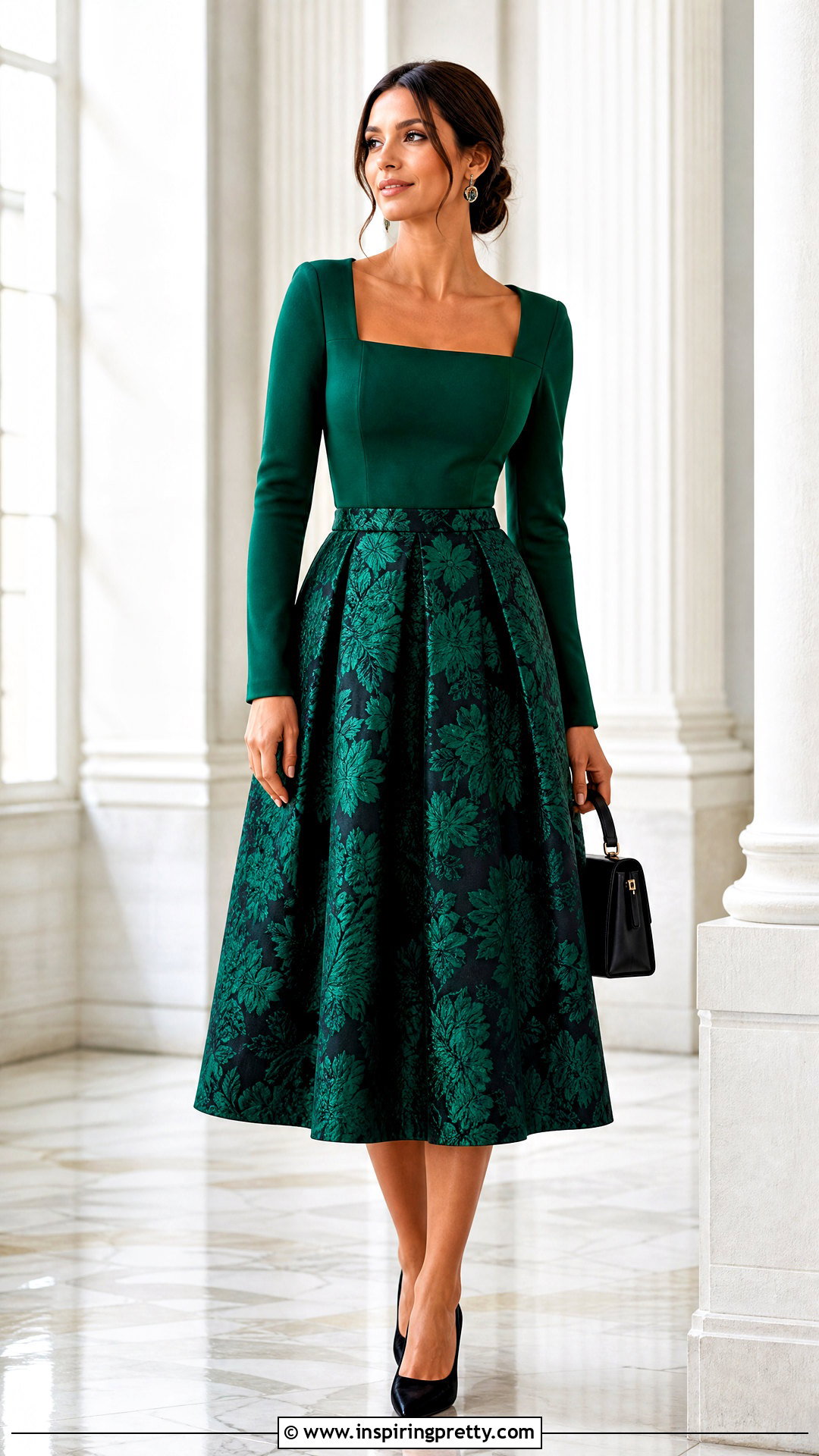 Square Neck Top With Jacquard Skirt - 50 elegant tops outfit ideas