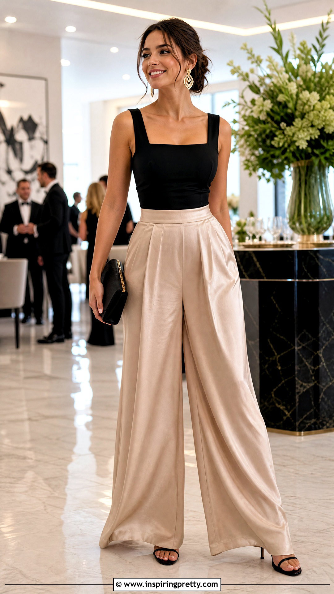 Square Neck Top With Satin Wide Leg Pants - 50 square neck top outfit ideas