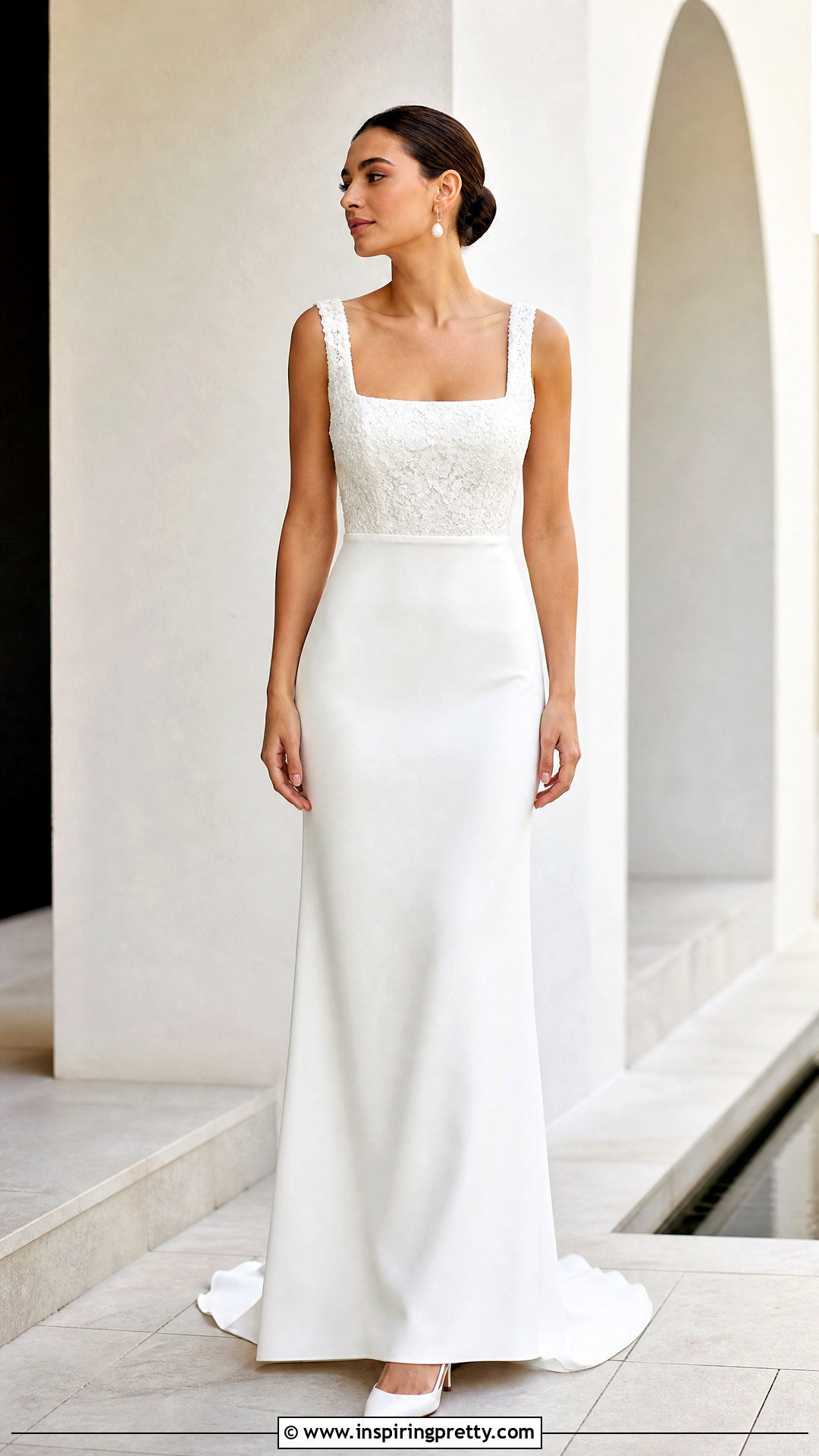 Square Neck Wedding Dress With Lace Top And Crepe Skirt - 25 Wedding Dresses Lace Top Plain Skirts