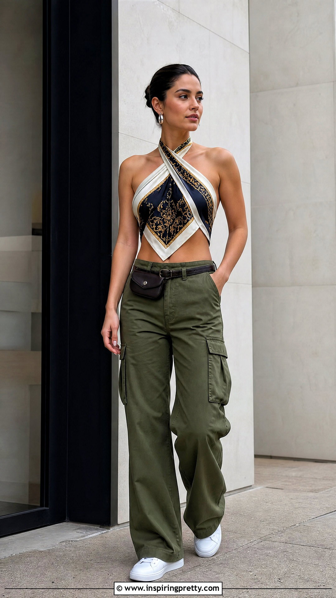 Square Scarf Crisscross Halter Top With Cargo Pants - How To Wear A Square Scarf As A Top (25 Ways)