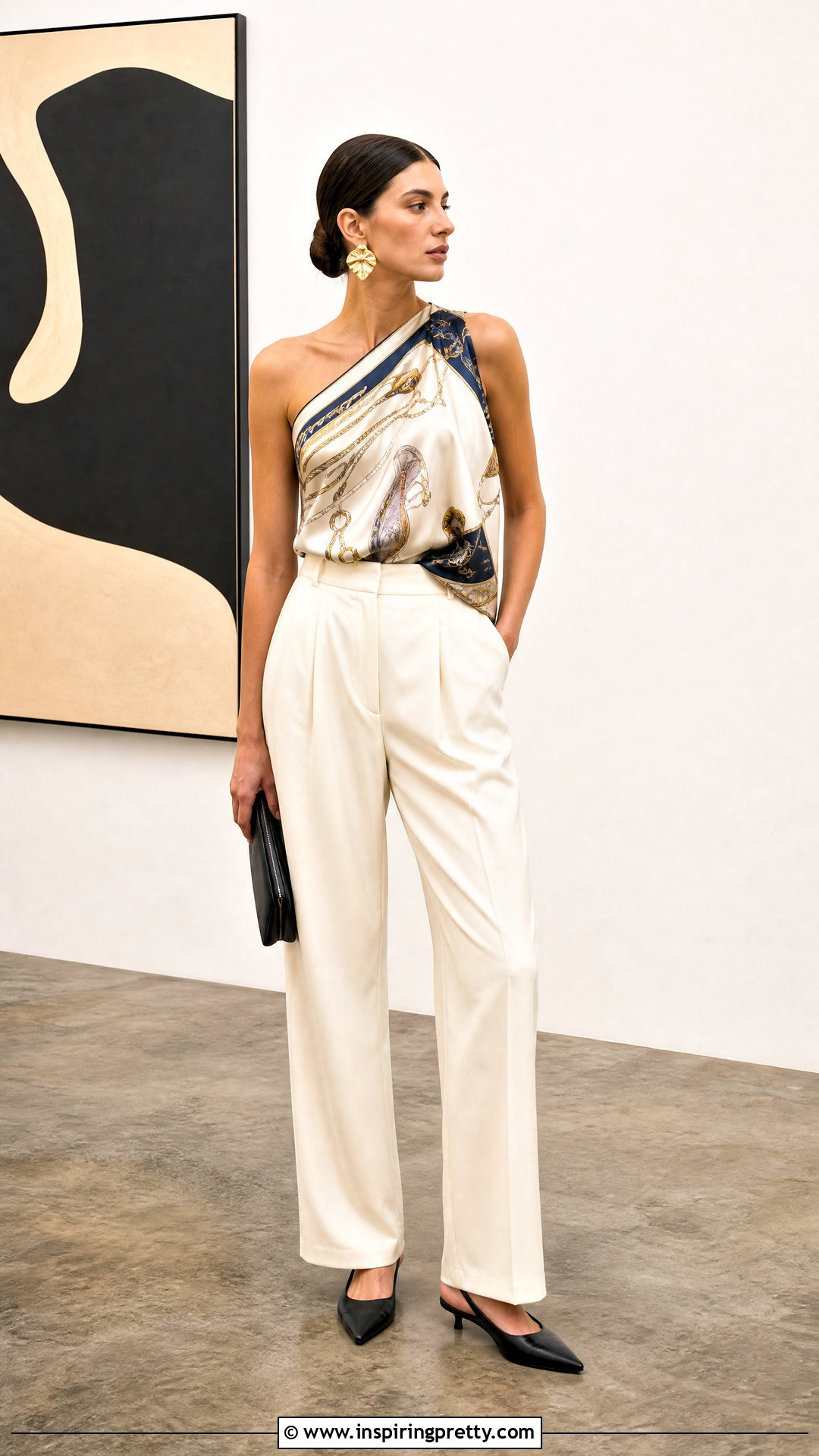 Square Scarf One Shoulder Top With Trousers - How To Wear A Square Scarf As A Top (25 Ways)