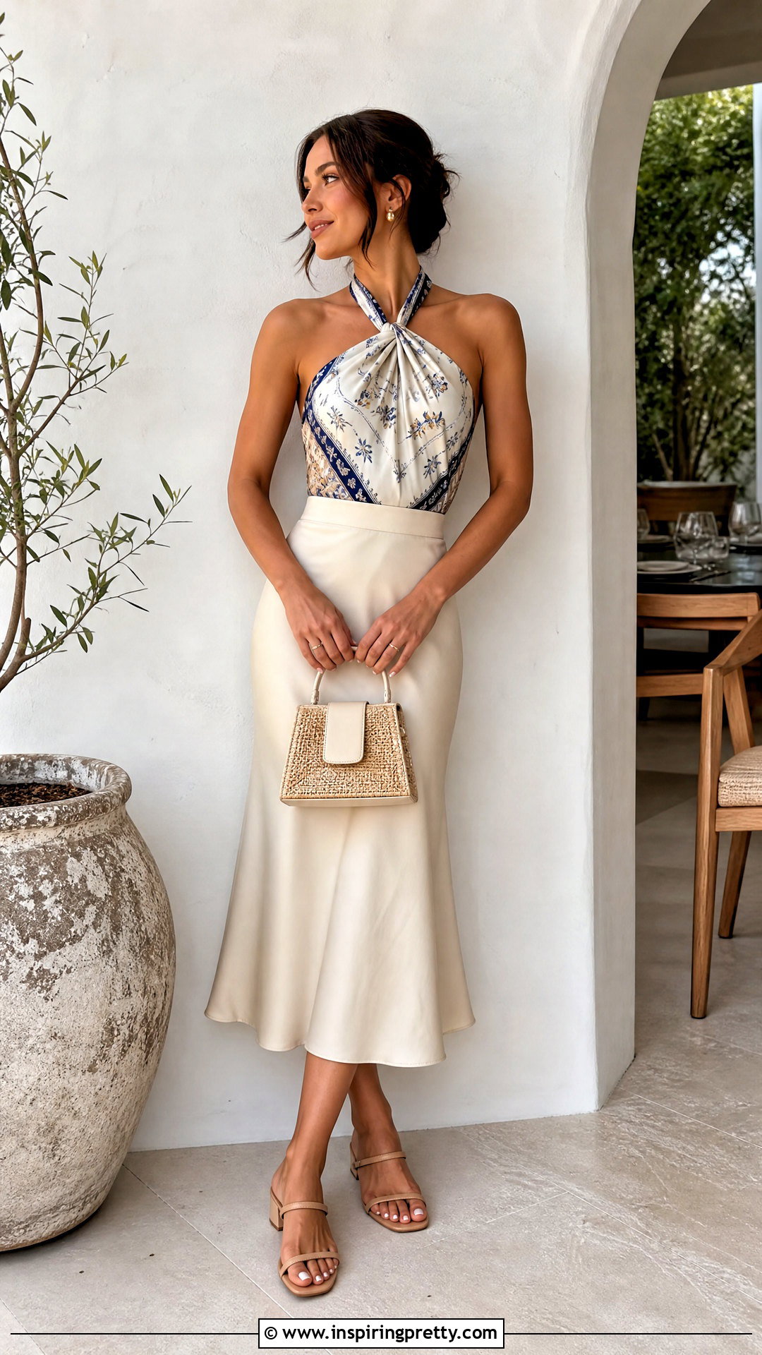 Square Scarf Twisted Halter Top With Midi Skirt - How To Wear A Square Scarf As A Top (25 Ways)