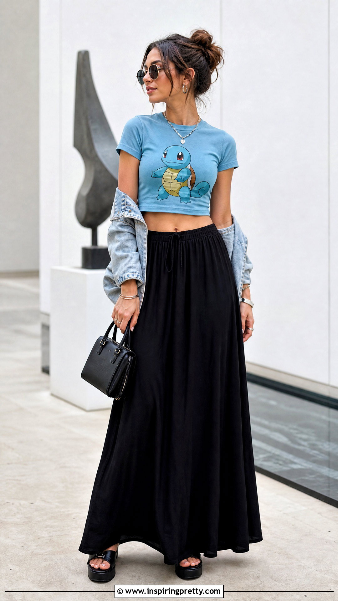 Squirtle Crop Top With Black Maxi Skirt - 20 squirtle crop top outfit ideas