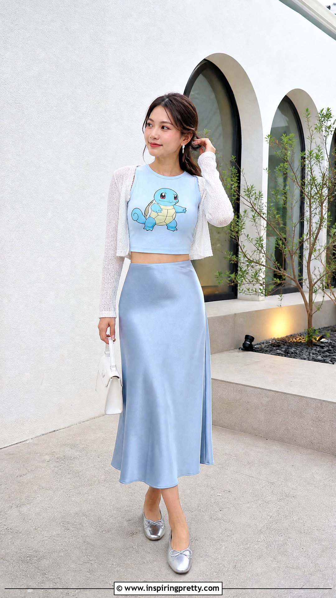 Squirtle Crop Top With Blue Satin Midi Skirt - 20 squirtle crop top outfit ideas