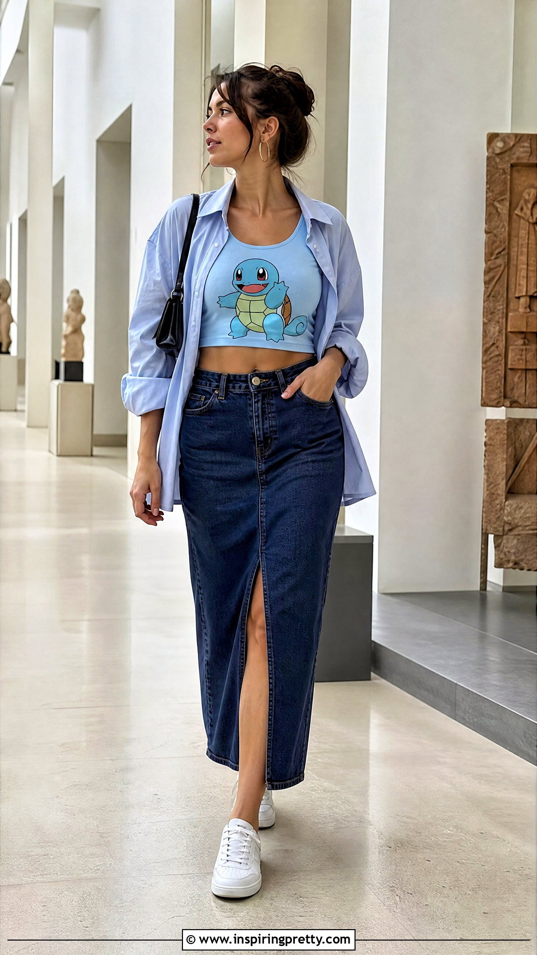 Squirtle Crop Top With Denim Midi Skirt - 20 squirtle crop top outfit ideas