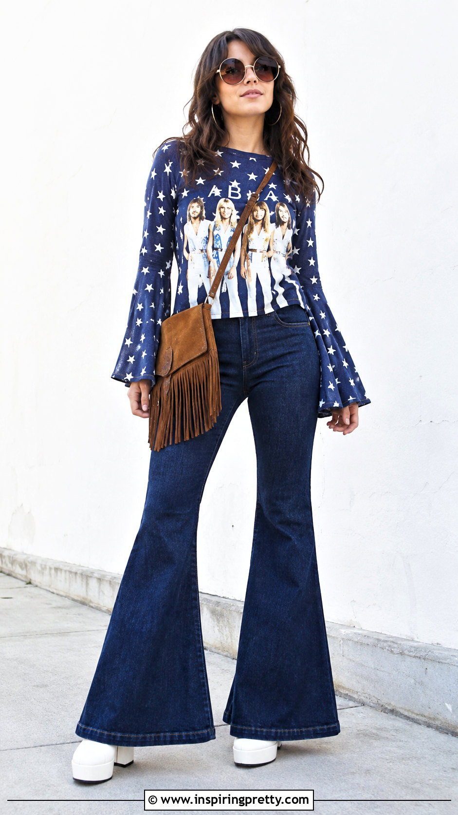 Star Print ABBA Top With Denim Bell Bottoms - 20 Abba Inspired Tops outfit ideas